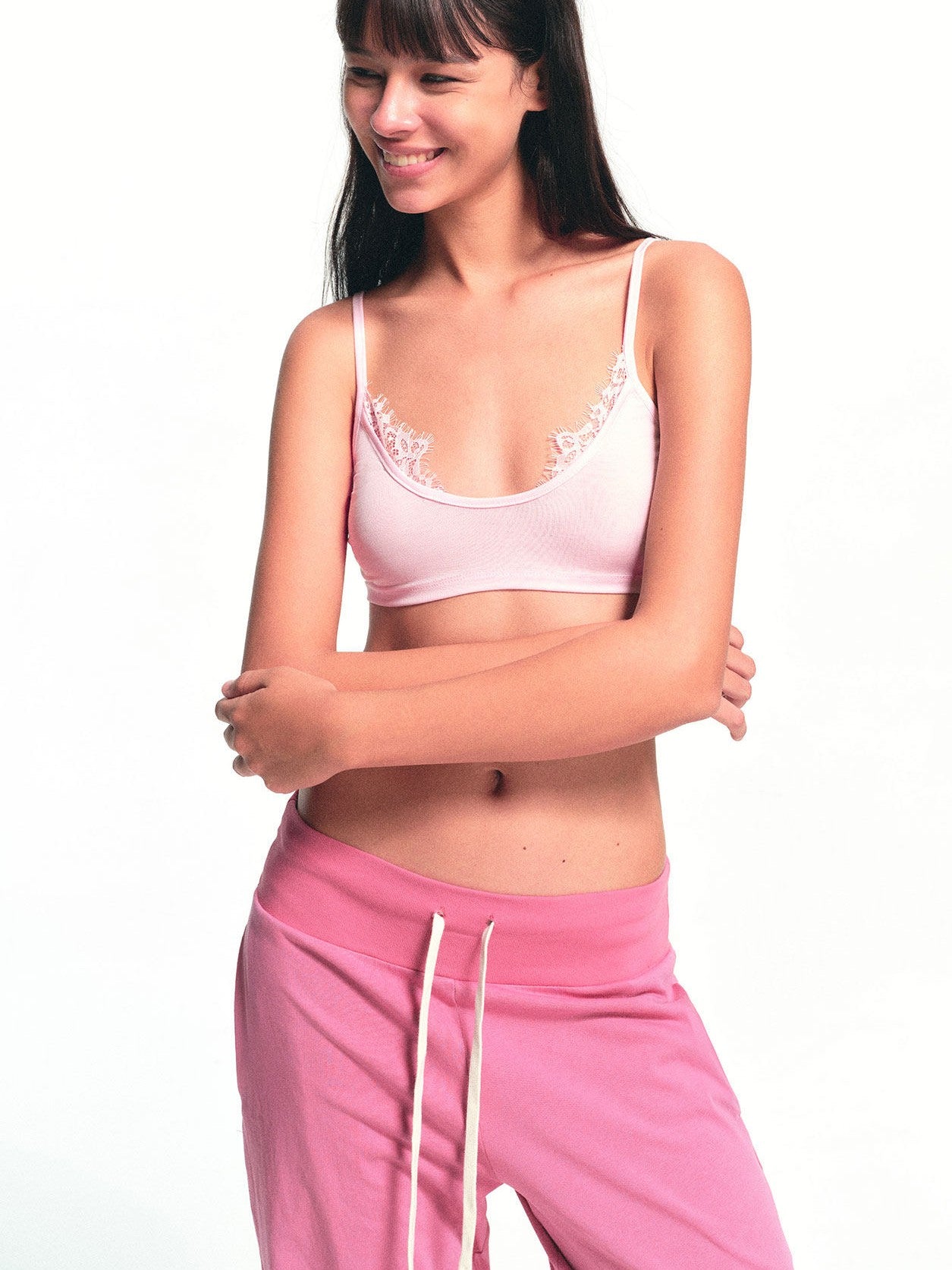 kvkv Light Pink Lace Panel U Neck Cropped Women&