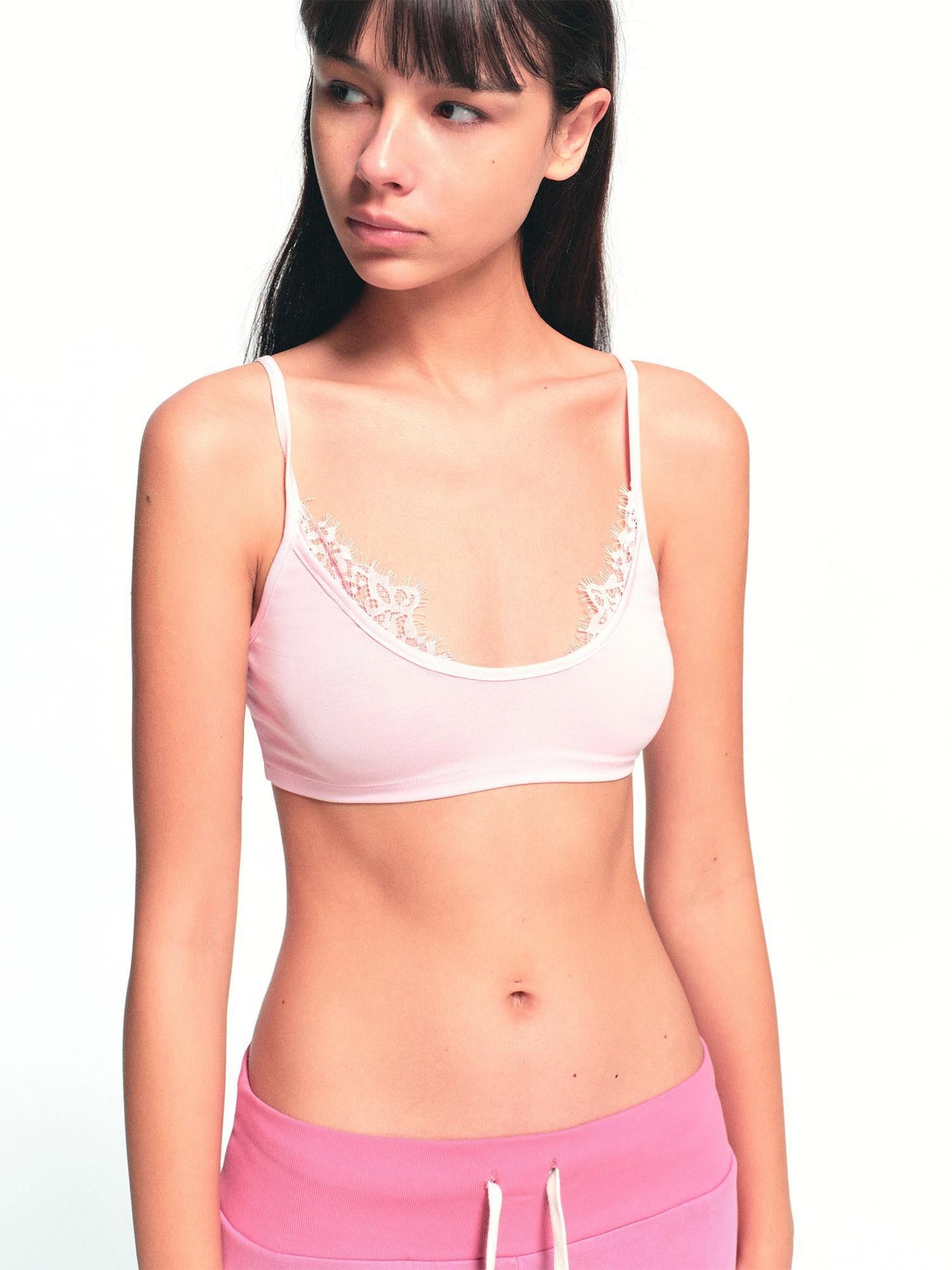 kvkv Light Pink Lace Panel U Neck Cropped Women&