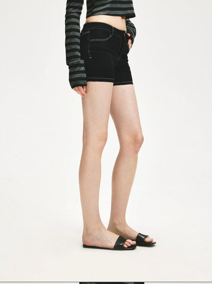KVKV Yoga Clothing Brand - Low Rise Slim Black Distressed Denim Shorts