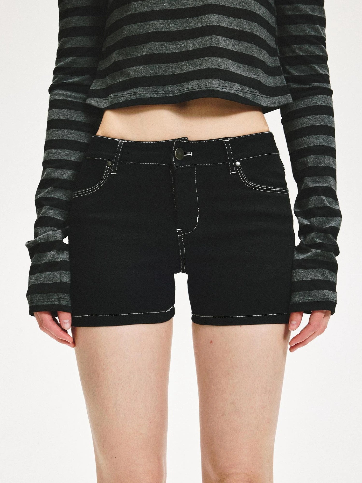 KVKV Yoga Clothing Brand - Low Rise Slim Black Distressed Denim Shorts