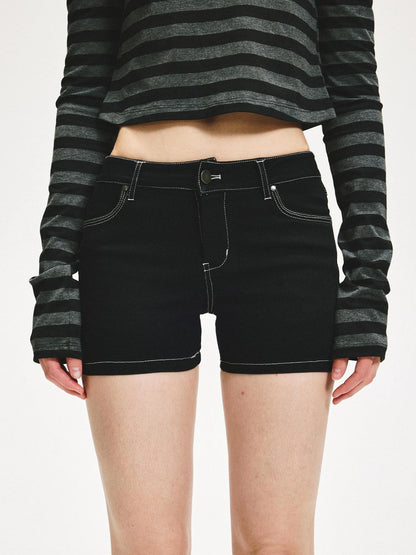 KVKV Yoga Clothing Brand - Low Rise Slim Black Distressed Denim Shorts