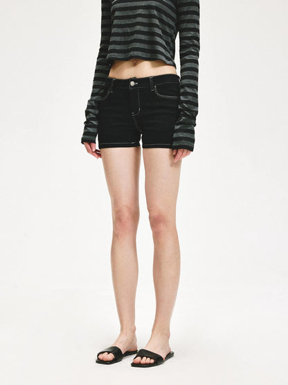 KVKV Yoga Clothing Brand - Low Rise Slim Black Distressed Denim Shorts