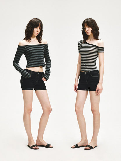 KVKV Yoga Clothing Brand - Low Rise Slim Black Distressed Denim Shorts
