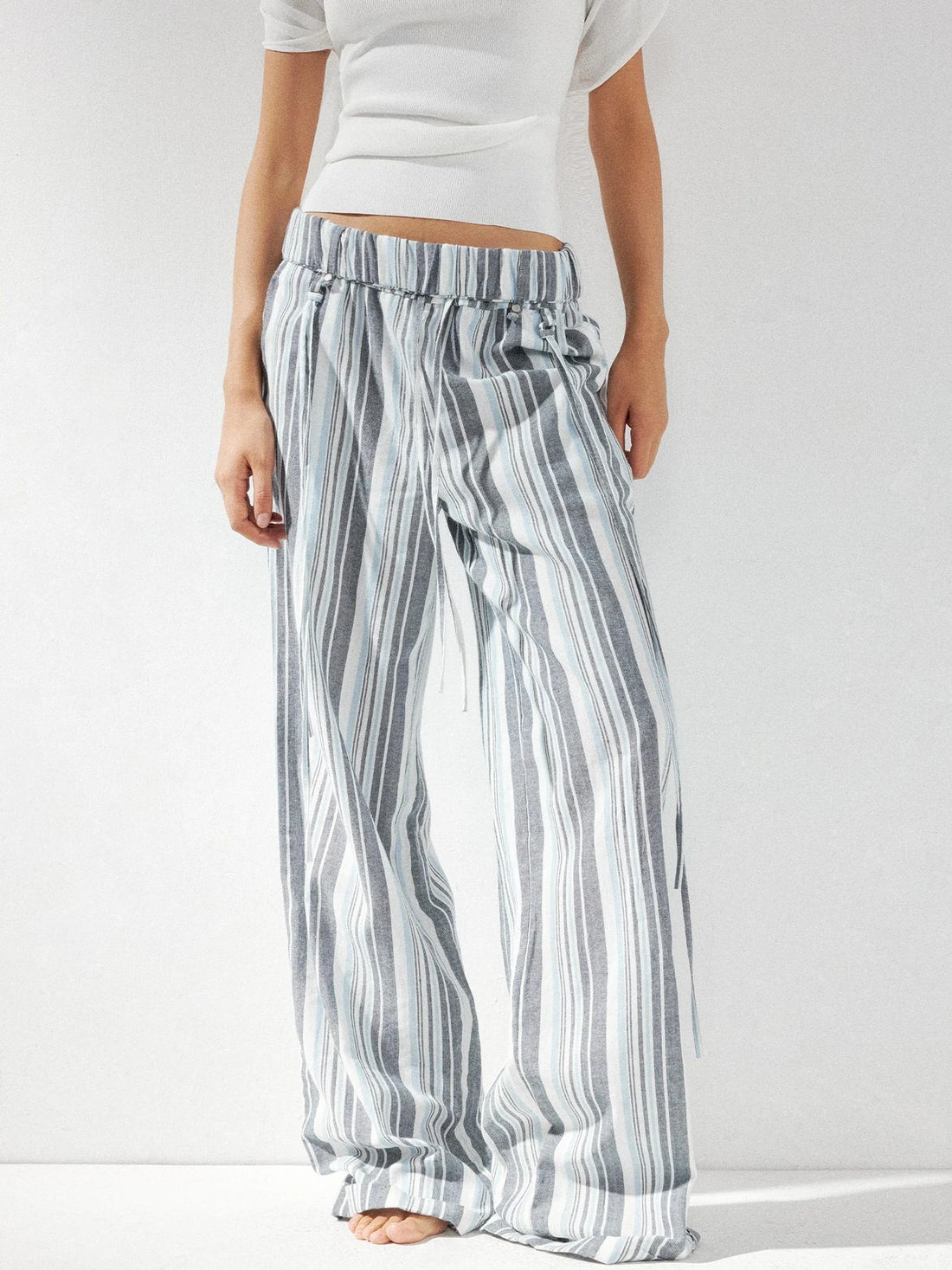kvkv Low Waist Striped Linen Drawstring Wide Leg Pants