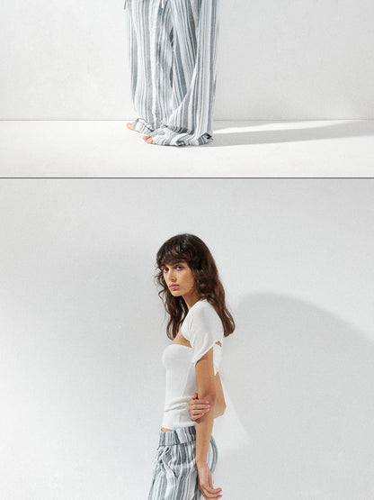 kvkv Low Waist Striped Linen Drawstring Wide Leg Pants