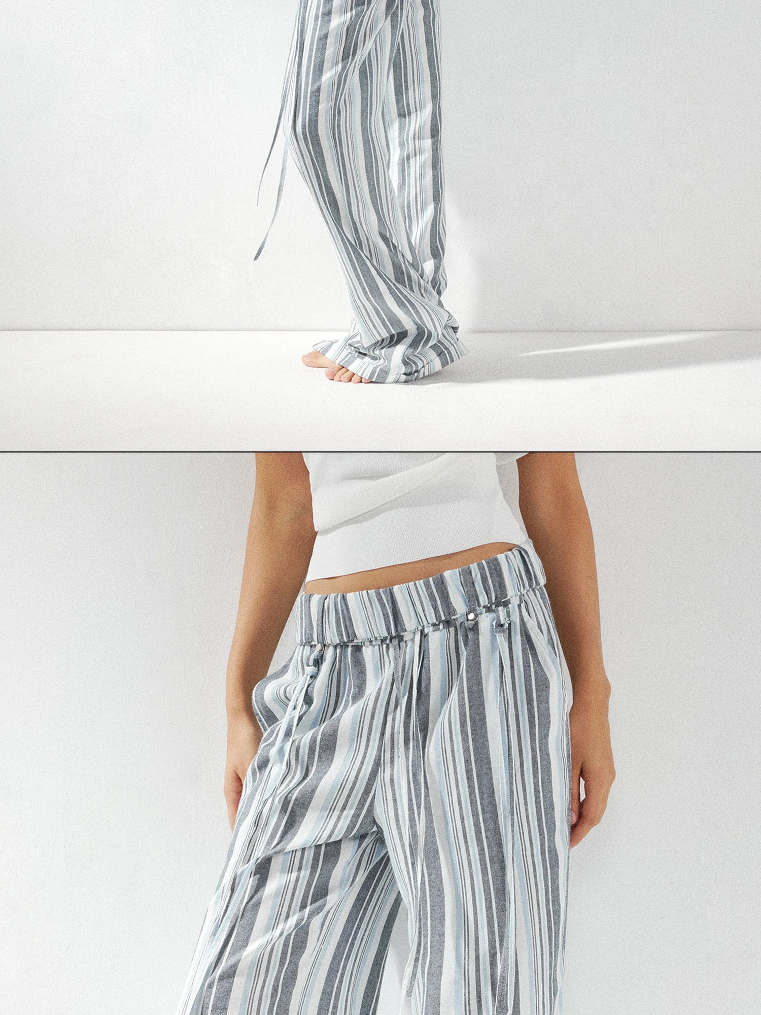 kvkv Low Waist Striped Linen Drawstring Wide Leg Pants