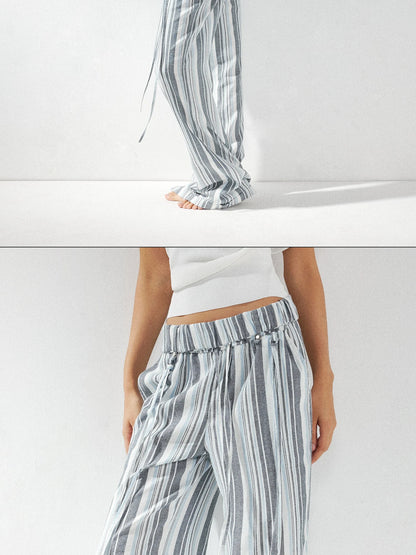 kvkv Low Waist Striped Linen Drawstring Wide Leg Pants