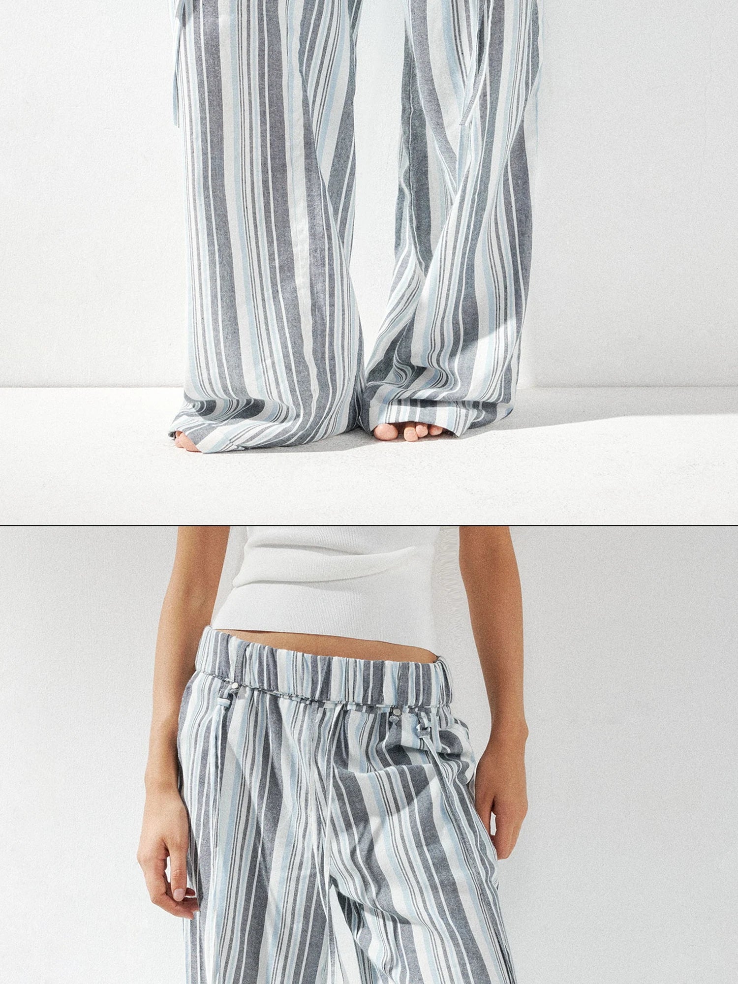 kvkv Low Waist Striped Linen Drawstring Wide Leg Pants