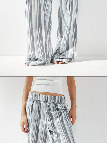 kvkv Low Waist Striped Linen Drawstring Wide Leg Pants