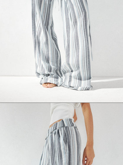 kvkv Low Waist Striped Linen Drawstring Wide Leg Pants