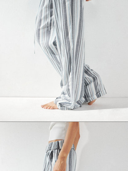 kvkv Low Waist Striped Linen Drawstring Wide Leg Pants