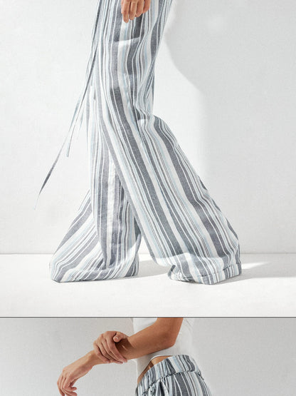 kvkv Low Waist Striped Linen Drawstring Wide Leg Pants