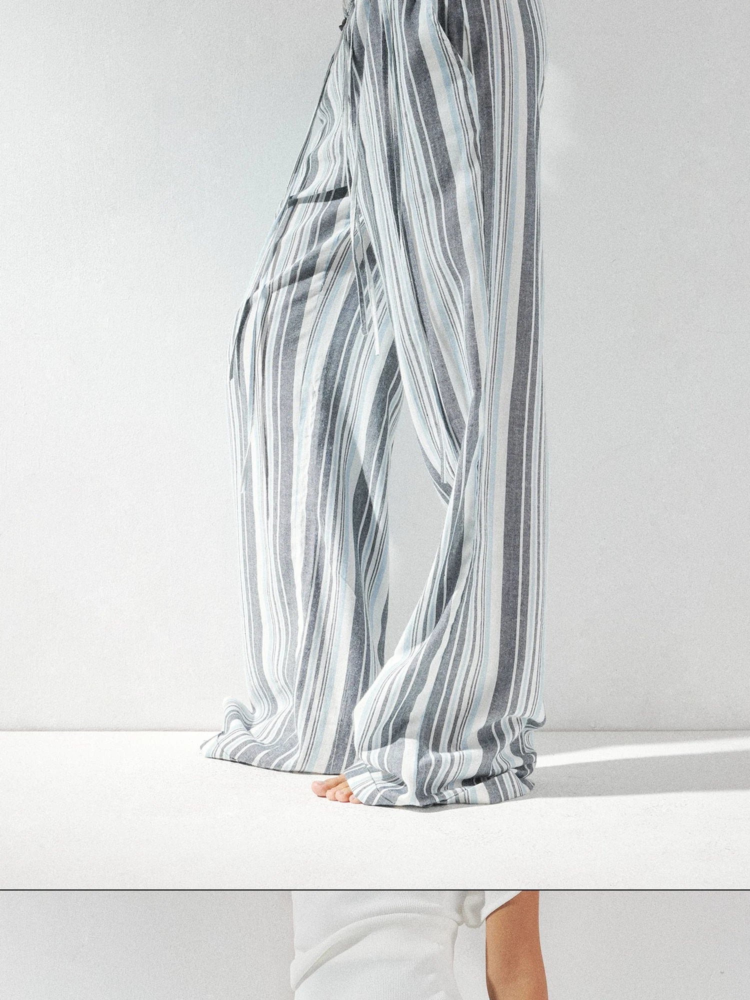 kvkv Low Waist Striped Linen Drawstring Wide Leg Pants
