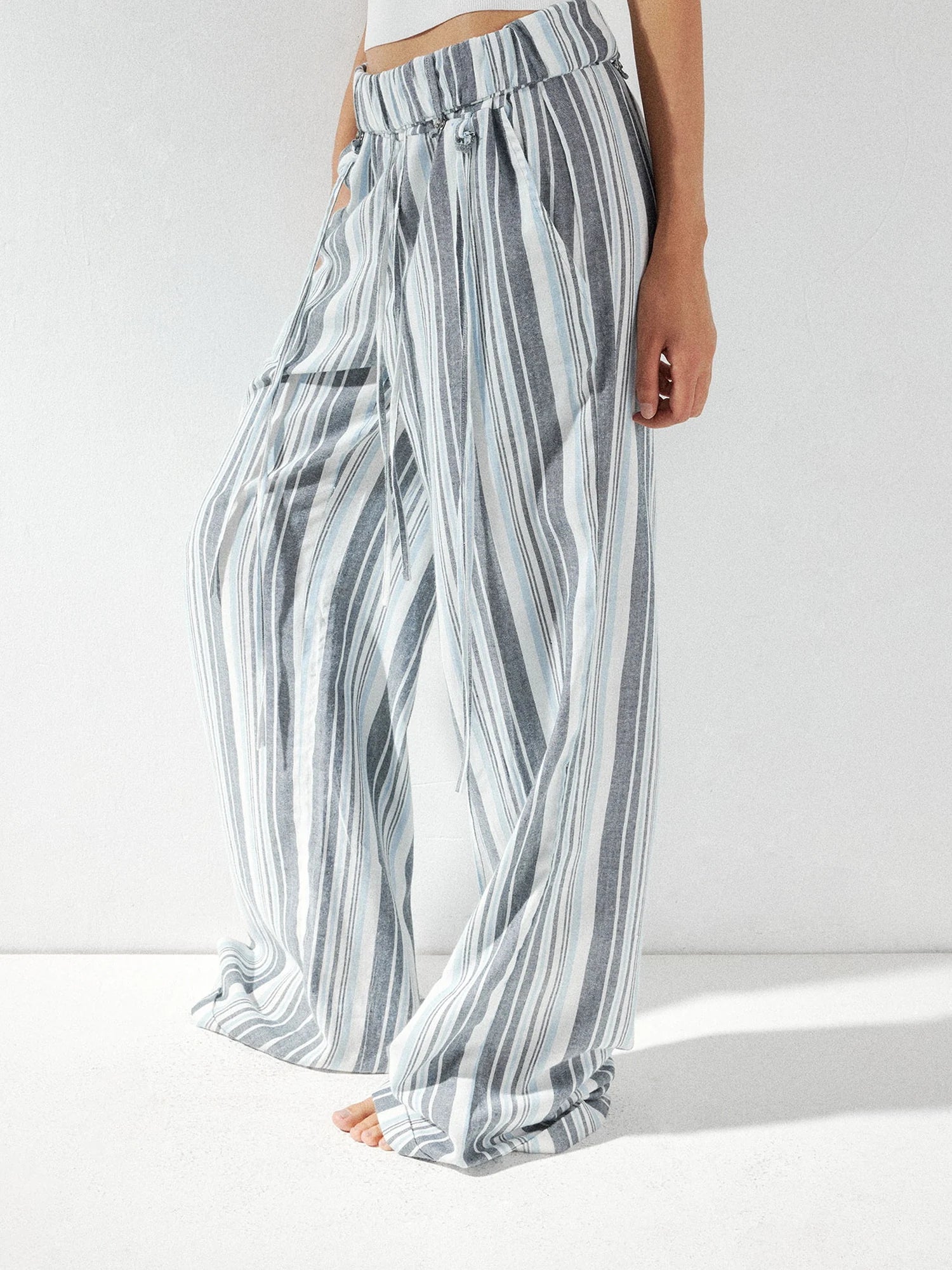 kvkv Low Waist Striped Linen Drawstring Wide Leg Pants