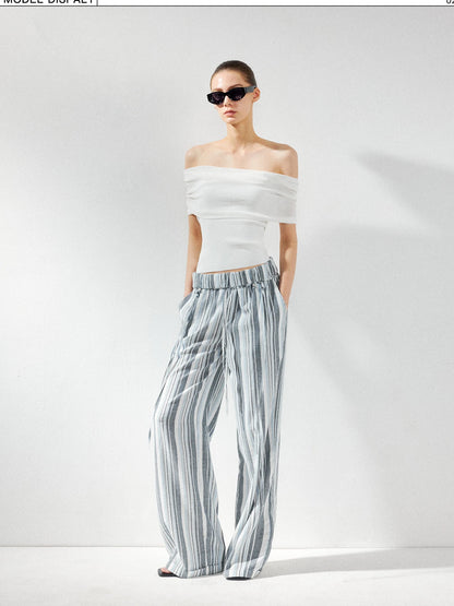 kvkv Low Waist Striped Linen Drawstring Wide Leg Pants
