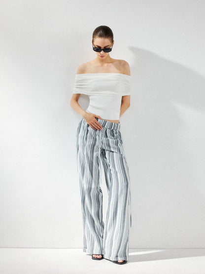 kvkv Low Waist Striped Linen Drawstring Wide Leg Pants
