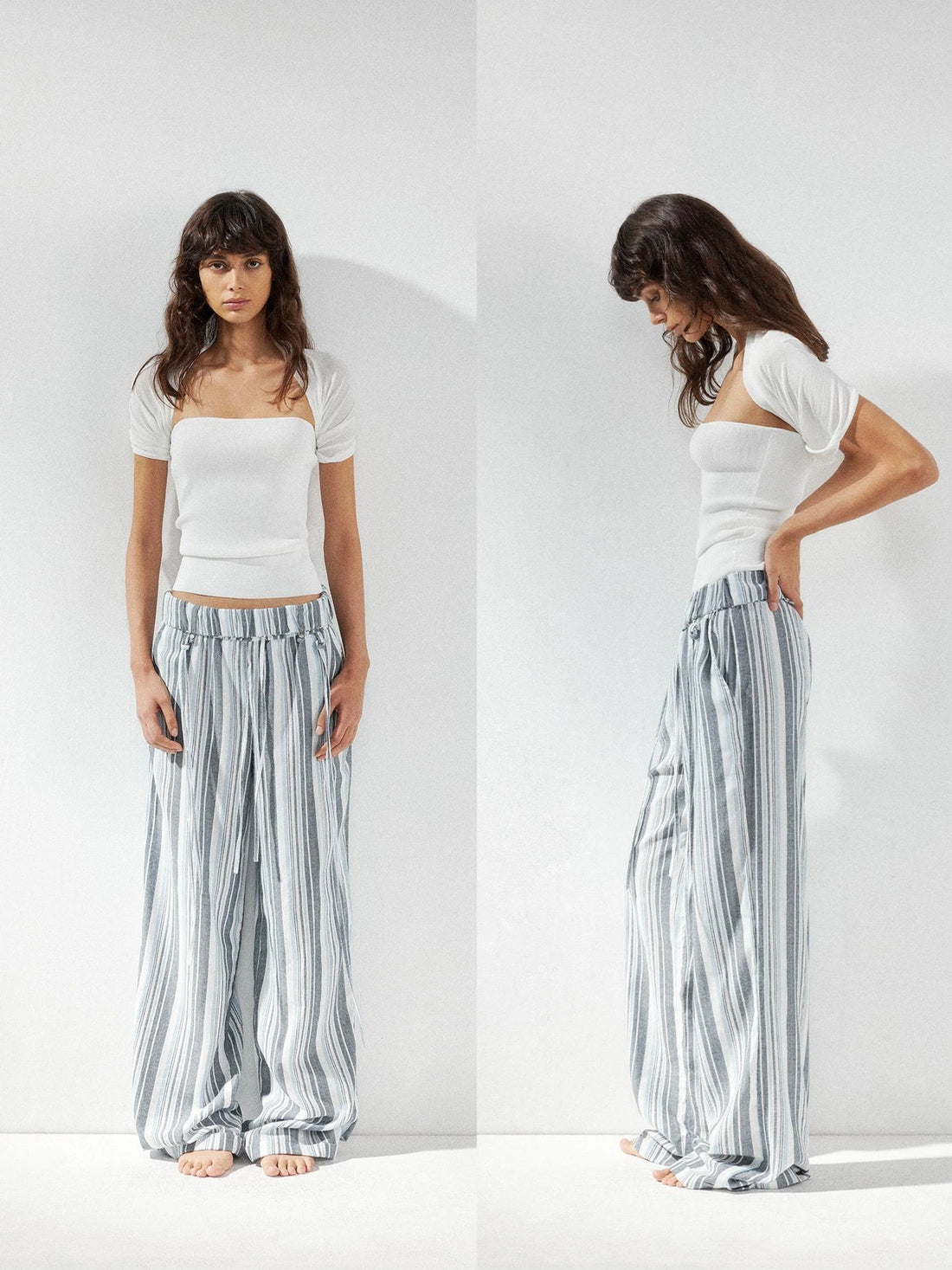 kvkv Low Waist Striped Linen Drawstring Wide Leg Pants