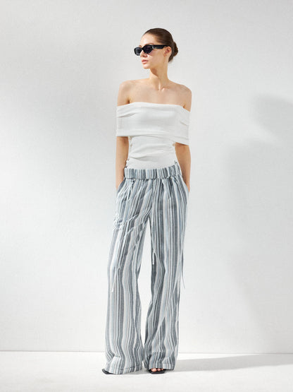 kvkv Low Waist Striped Linen Drawstring Wide Leg Pants