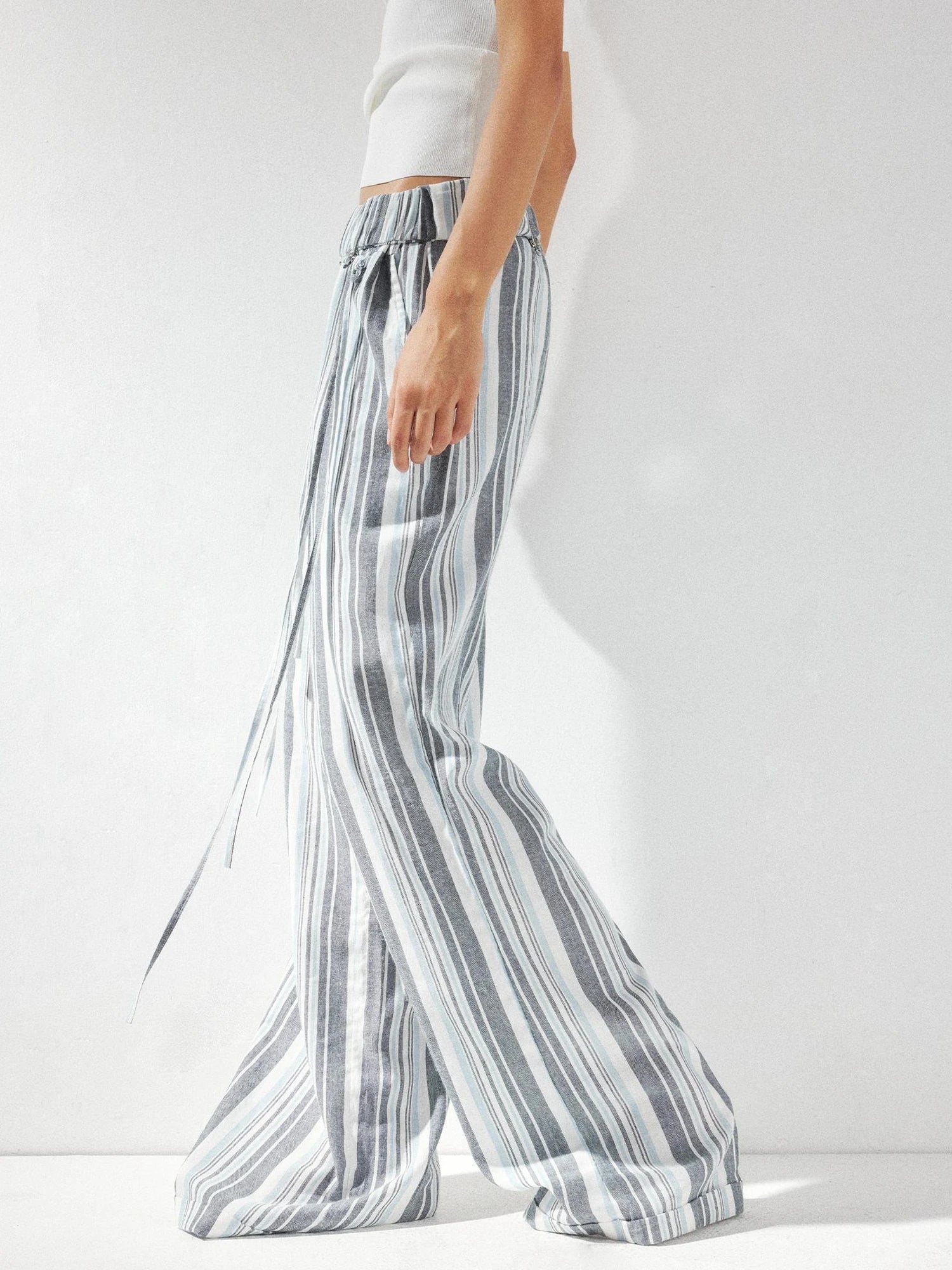 kvkv Low Waist Striped Linen Drawstring Wide Leg Pants