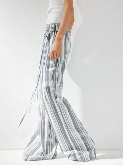 kvkv Low Waist Striped Linen Drawstring Wide Leg Pants