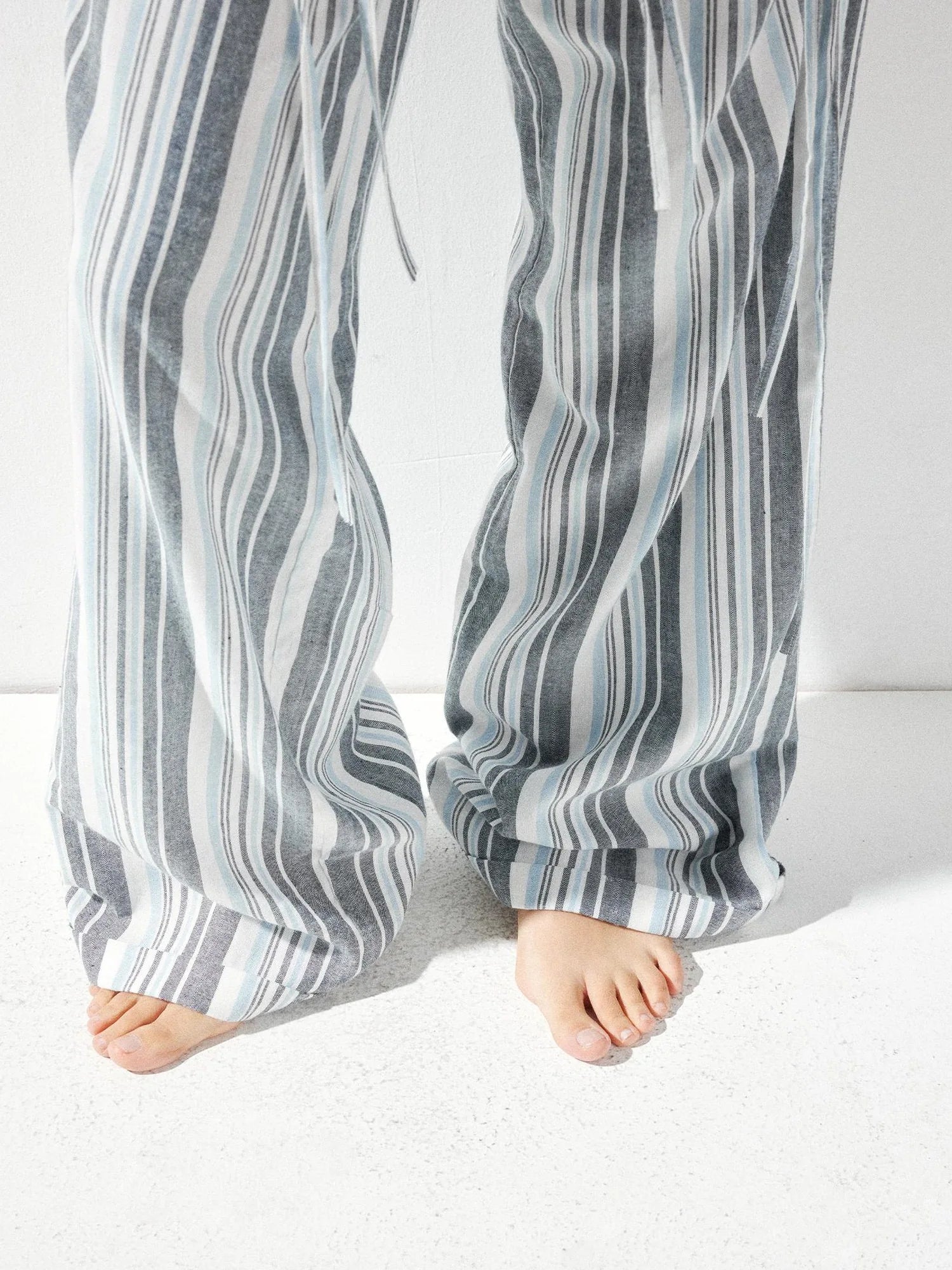 kvkv Low Waist Striped Linen Drawstring Wide Leg Pants