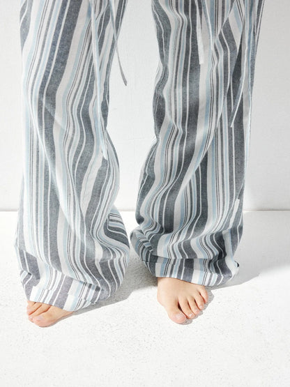 kvkv Low Waist Striped Linen Drawstring Wide Leg Pants