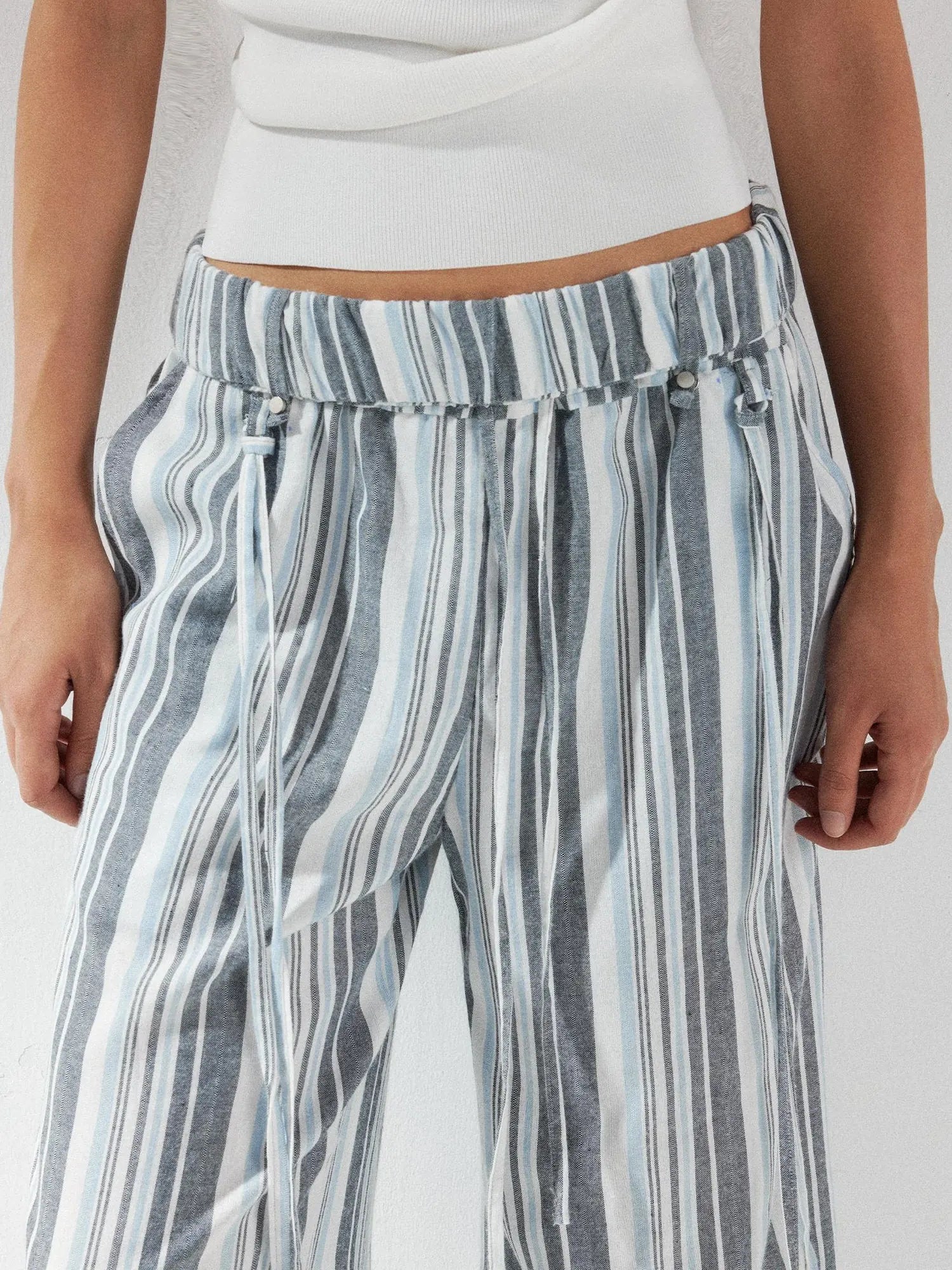 kvkv Low Waist Striped Linen Drawstring Wide Leg Pants