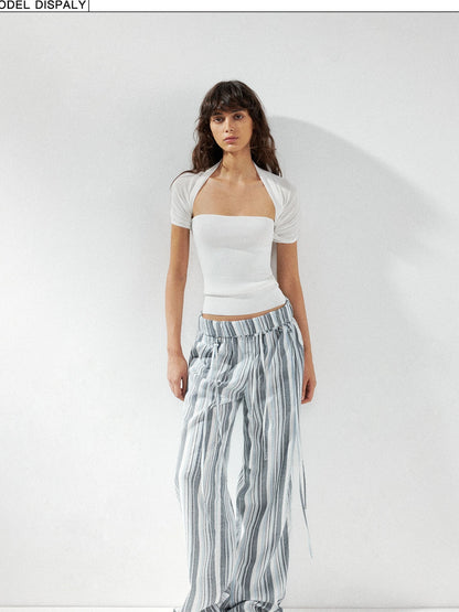 kvkv Low Waist Striped Linen Drawstring Wide Leg Pants