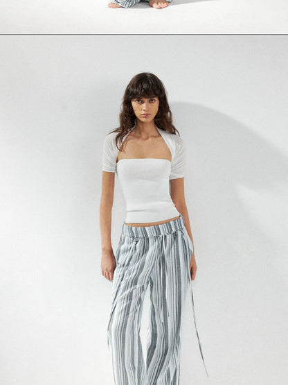 kvkv Low Waist Striped Linen Drawstring Wide Leg Pants
