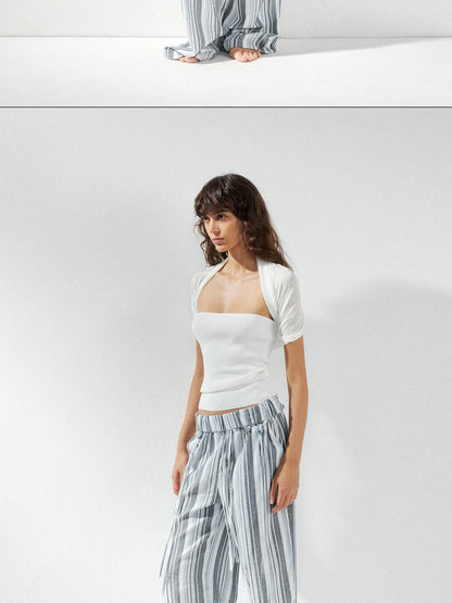 kvkv Low Waist Striped Linen Drawstring Wide Leg Pants