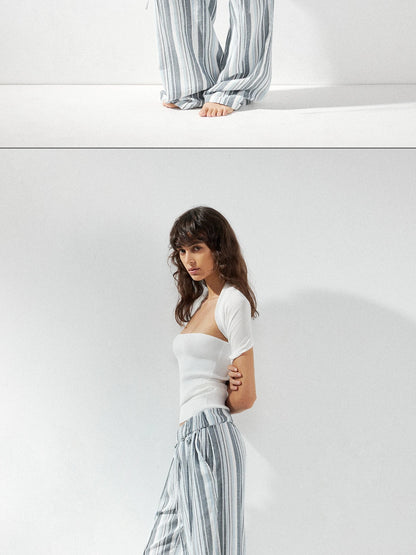 kvkv Low Waist Striped Linen Drawstring Wide Leg Pants