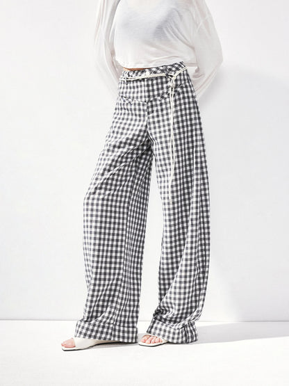kvkv Low Waist Textured Check Wide Leg Trousers