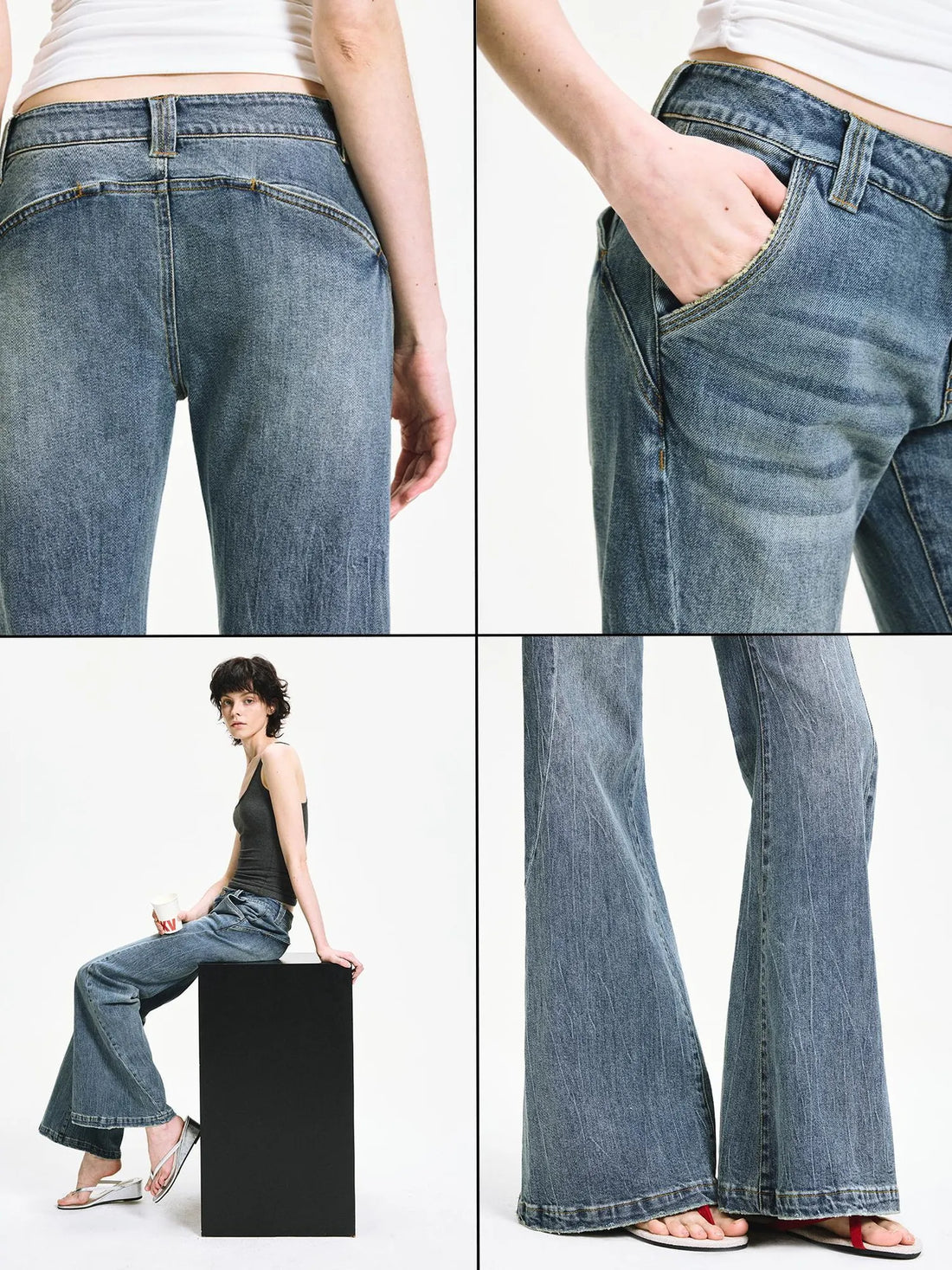 kvkv Low Waist Vintage Washed Flared Jeans With Curved Seam
