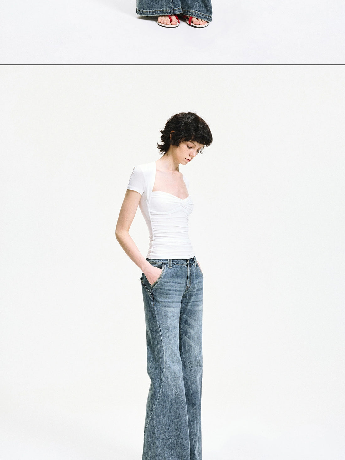 kvkv Low Waist Vintage Washed Flared Jeans With Curved Seam