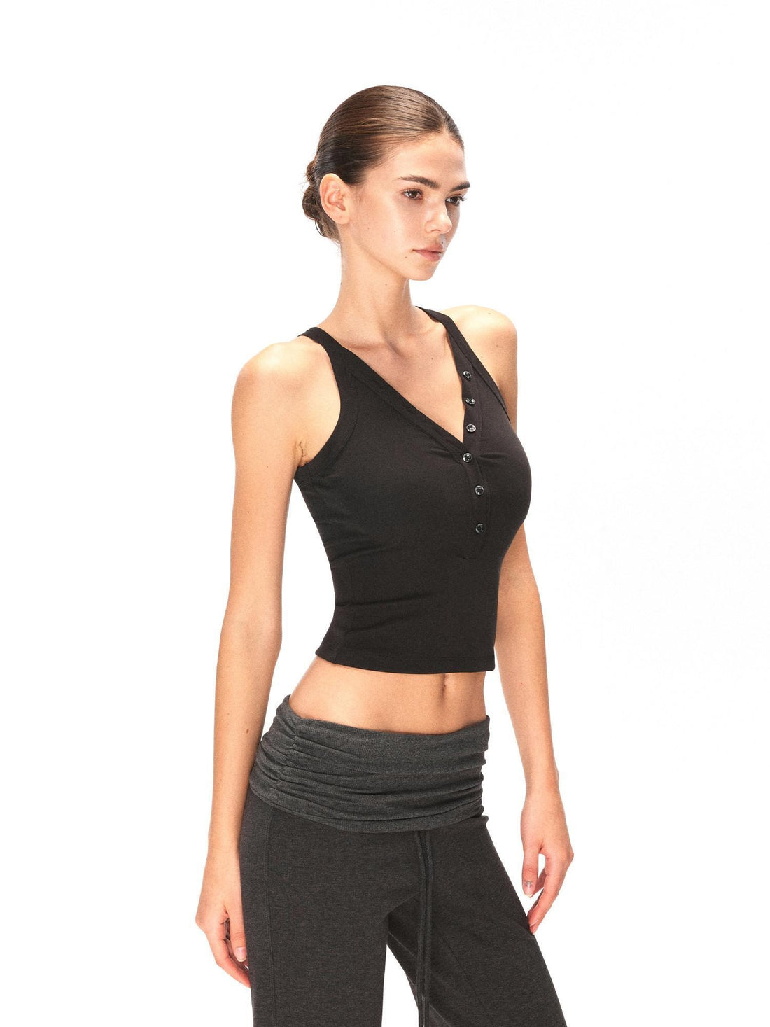kvkv Lyocell Stretch Athletic Slim U Neck Button Women Casual Black Tank Tops