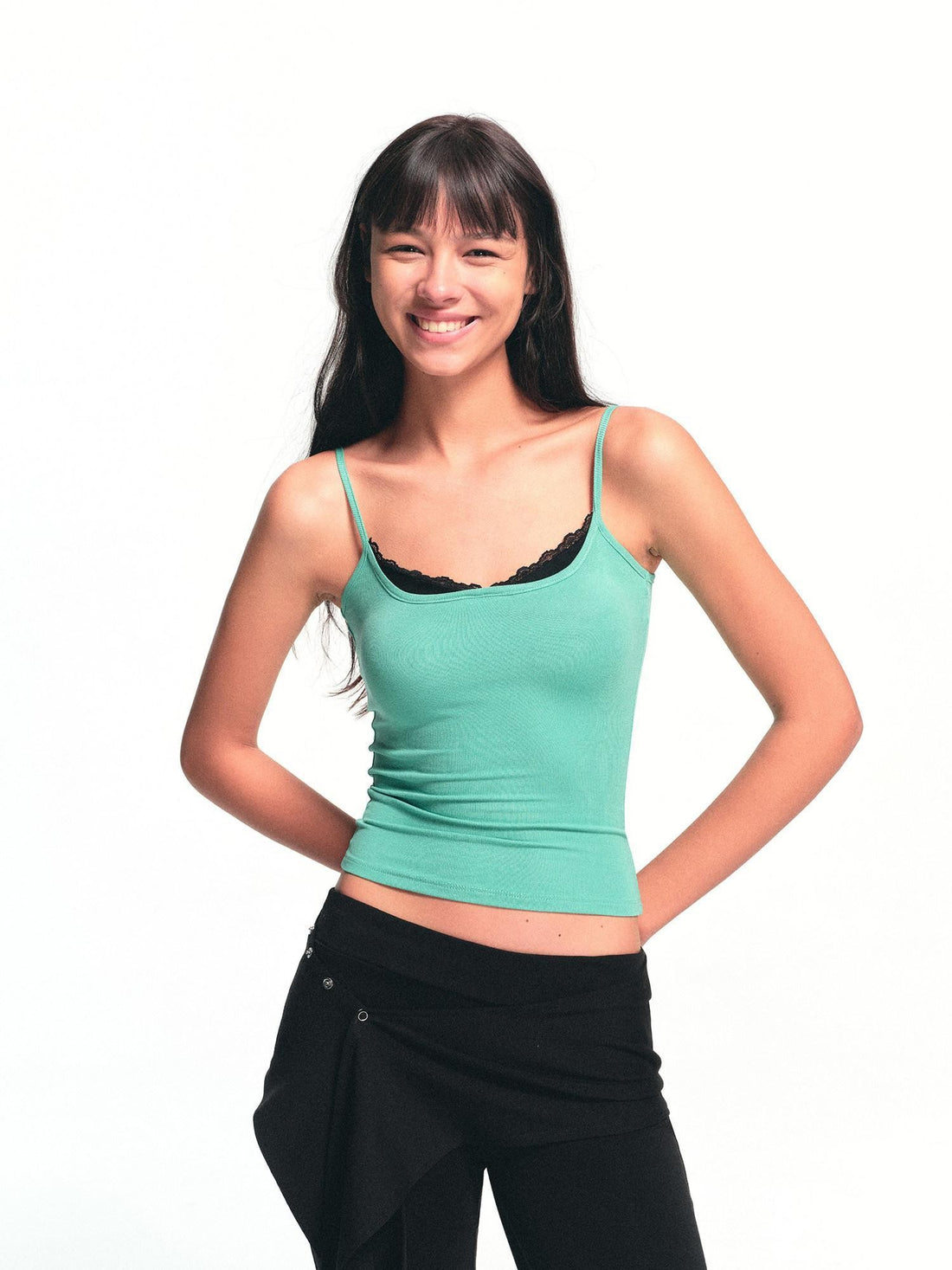 kvkv Mint Green Lace Panel Faux Two Piece Contrast Women&