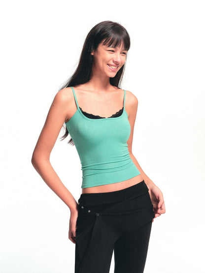 kvkv Mint Green Lace Panel Faux Two Piece Contrast Women&
