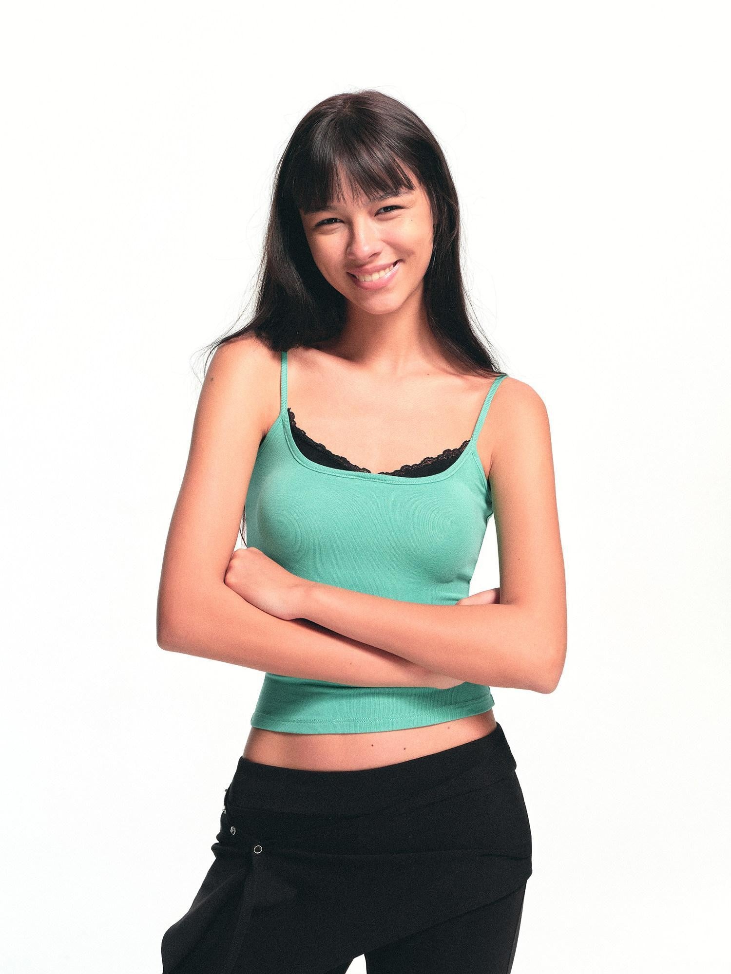 kvkv Mint Green Lace Panel Faux Two Piece Contrast Women&