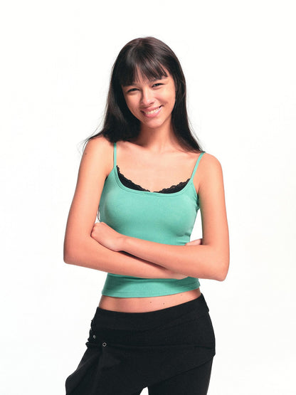 kvkv Mint Green Lace Panel Faux Two Piece Contrast Women&