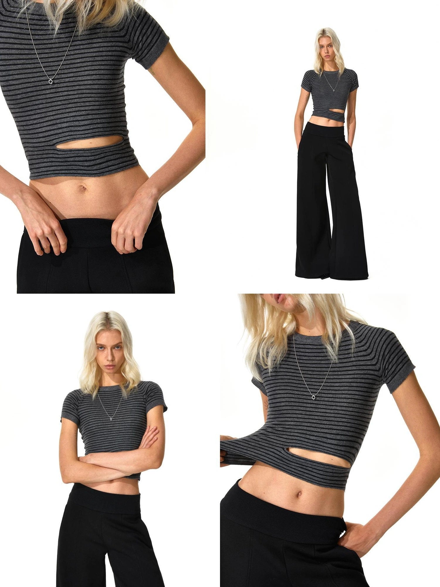 kvkv Modal Wool Blend Striped Knit Short Sleeve V-neck T-shirt Long Sleeve