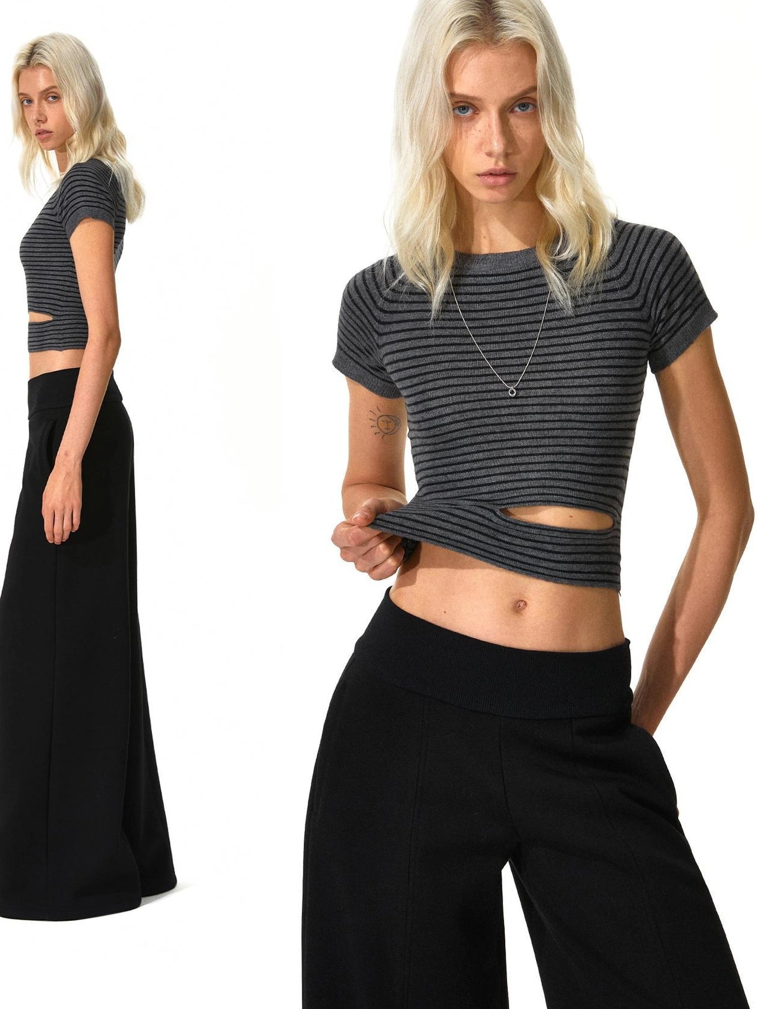 kvkv Modal Wool Blend Striped Knit Short Sleeve V-neck T-shirt Long Sleeve