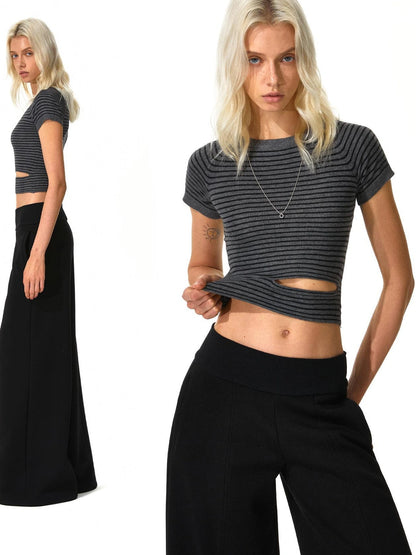 kvkv Modal Wool Blend Striped Knit Short Sleeve V-neck T-shirt Long Sleeve