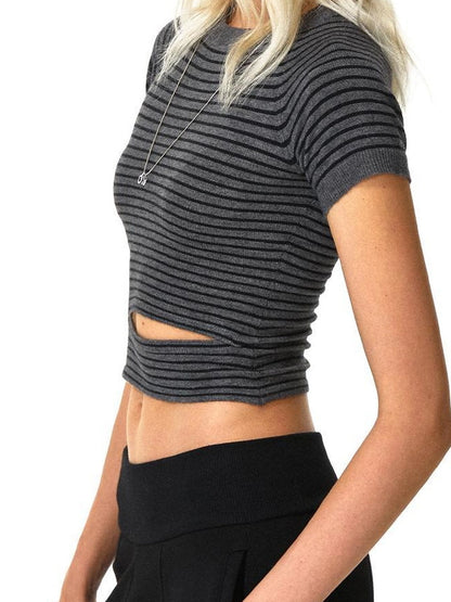 kvkv Modal Wool Blend Striped Knit Short Sleeve V-neck T-shirt Long Sleeve