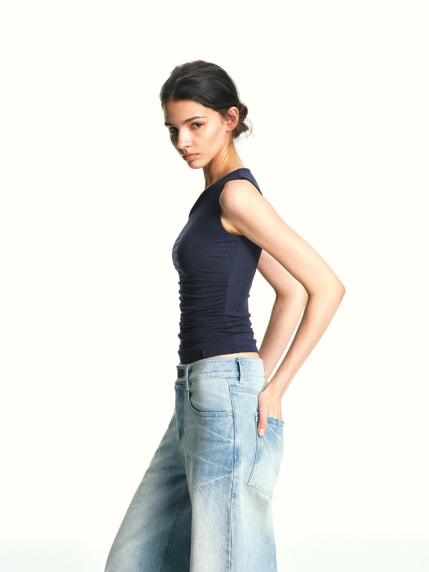 kvkv Navy Blue One Shoulder Square Neck Ruched Slim Women&