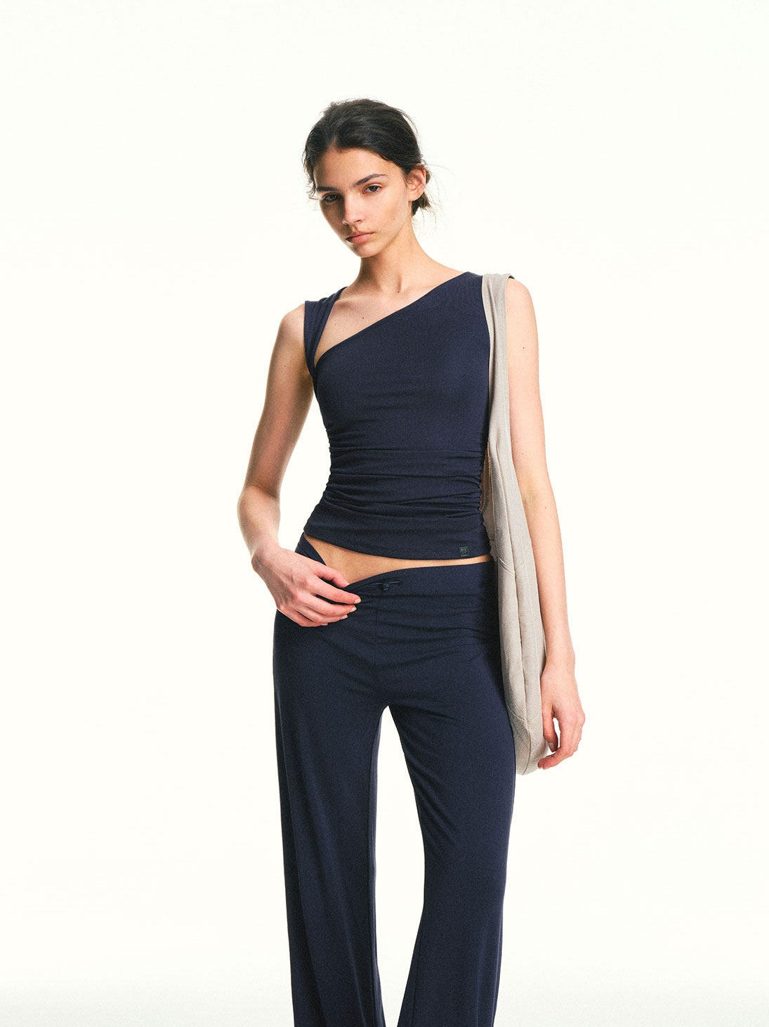 kvkv Navy Blue One Shoulder Square Neck Ruched Slim Women&