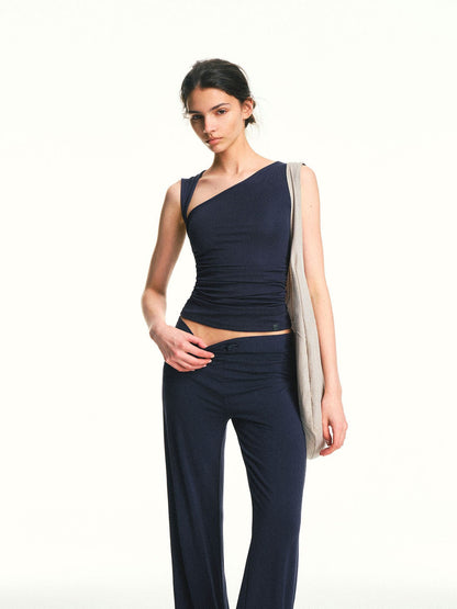 kvkv Navy Blue One Shoulder Square Neck Ruched Slim Women&