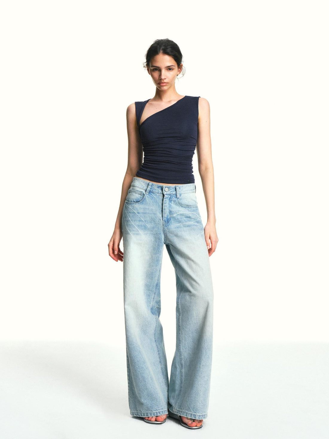kvkv Navy Blue One Shoulder Square Neck Ruched Slim Women&