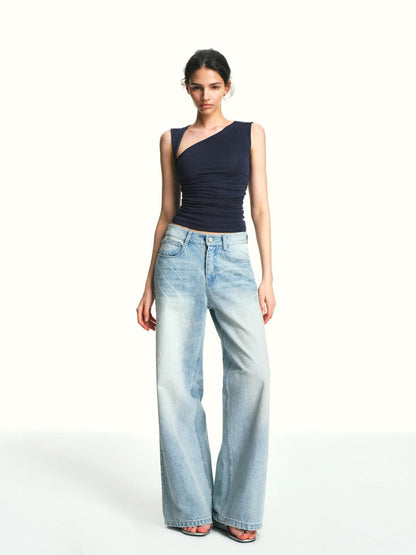 kvkv Navy Blue One Shoulder Square Neck Ruched Slim Women&