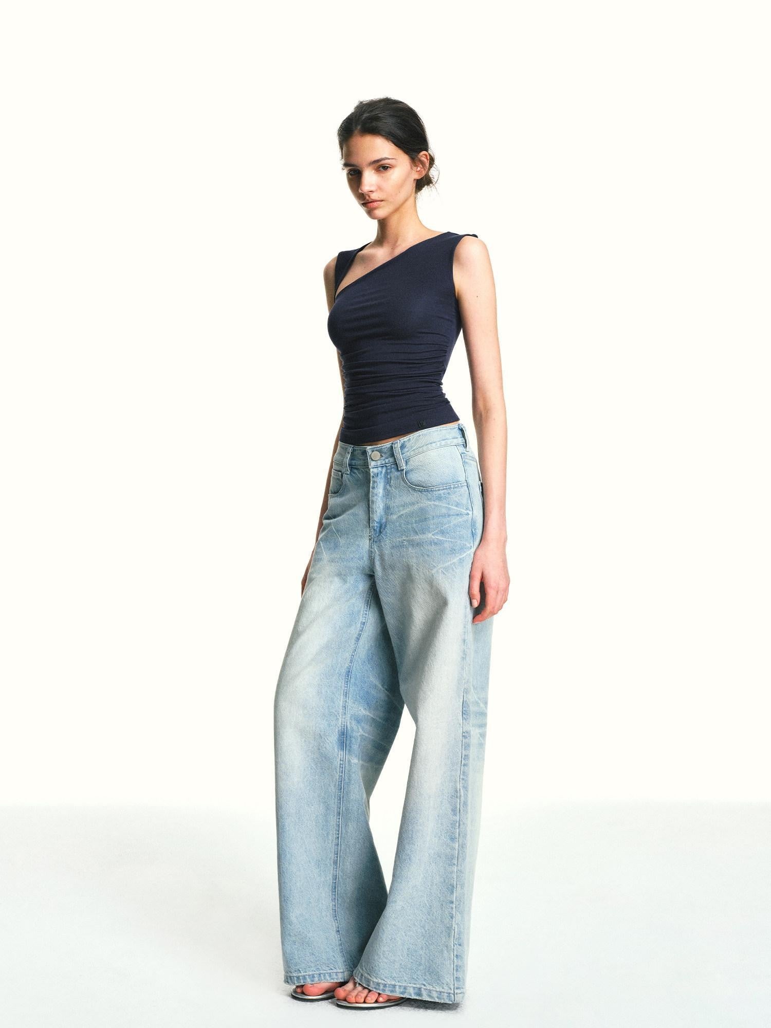 kvkv Navy Blue One Shoulder Square Neck Ruched Slim Women&