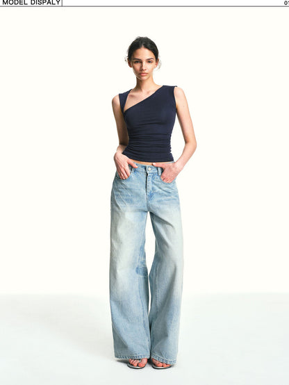 kvkv Navy Blue One Shoulder Square Neck Ruched Slim Women&